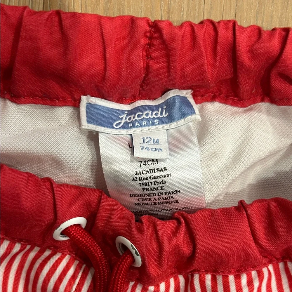 Jacadi Red and White Striped Swim Shorts with Navy Whale Embroidery